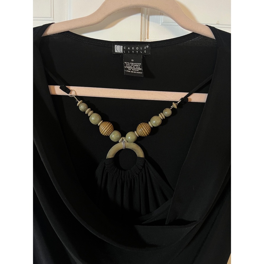Carole Little Blouse XL Boho Y2K Wood Beaded Cowl Neck Black Short Sleeve Top - Picture 3 of 6